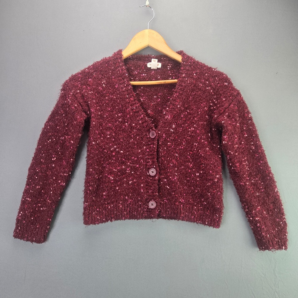 Cat & Jack Girls Cardigan Sweater M 7/8 Burgundy Eyelash Popcorn Knit Button Up